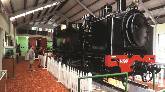 a steam locomotive inside the Fell Engine Museum in Featherston