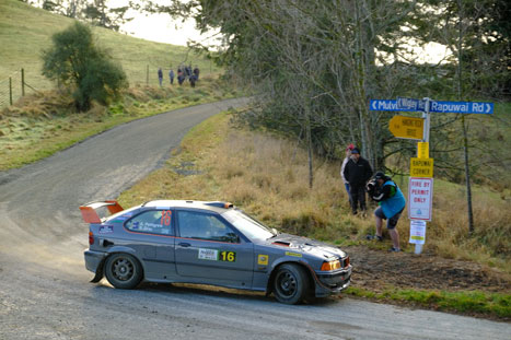 A rally car rounds a corner in South Canterbury Rally