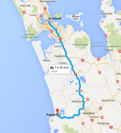 Auckland to Raglan Map.