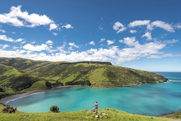 Two people looking at the landscape enjoying a beautiful day at Akaroa,