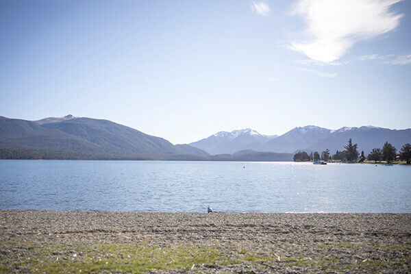 Landscape view of Lake Te Anau on a sunny day.