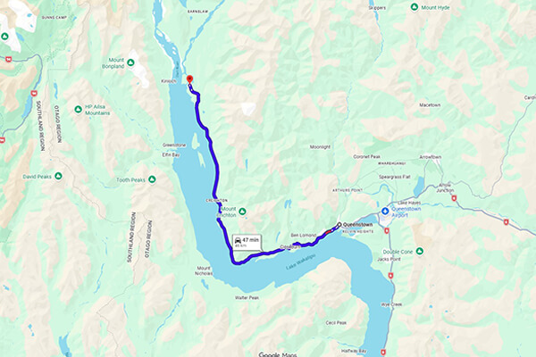 Map of route from Queenstown to Glenorchy.