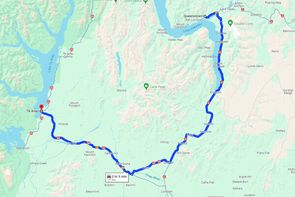 Queenstown to Te Anau Map