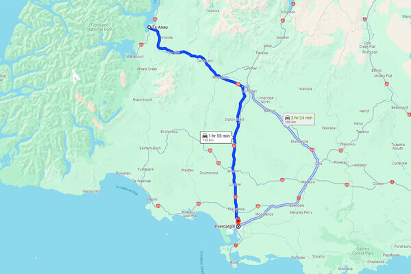 Te Anau to Invercargill Map
