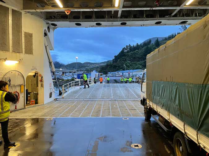 View from out of rear door and gangway on Bluebridge ferry in Picton.