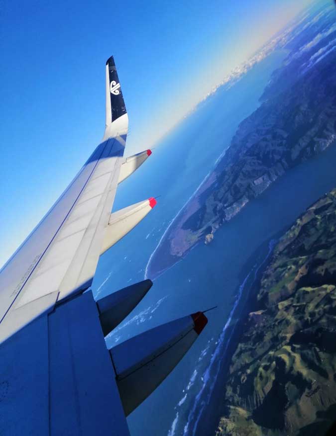 view from window of plane as flying into Wellington