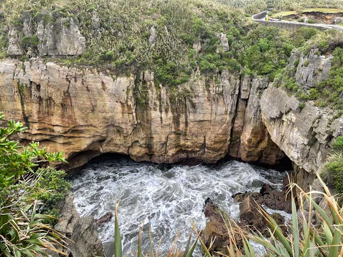 Looking across to the pancake rocks and blowholes at Punakaiki.