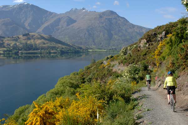 2 people cycling around Lake Hayes on the Queenstown Trail