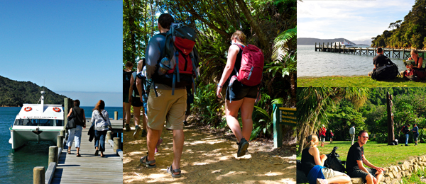 Collage photos of tourists enjoying the Picton mail boat cruise. 