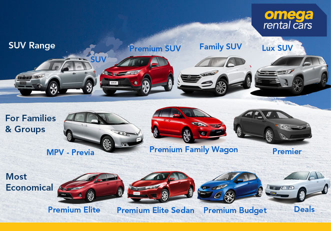 Omega's range of car hire vehicle options in New Zealand.